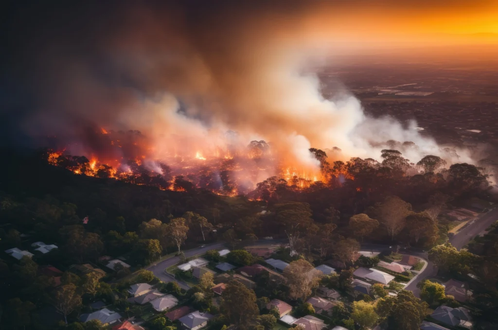An aerial view of a devastating wildfire nearing residential homes in Los Angeles, illustrating the urgency for assistance with fire insurance claims in Los Angeles.