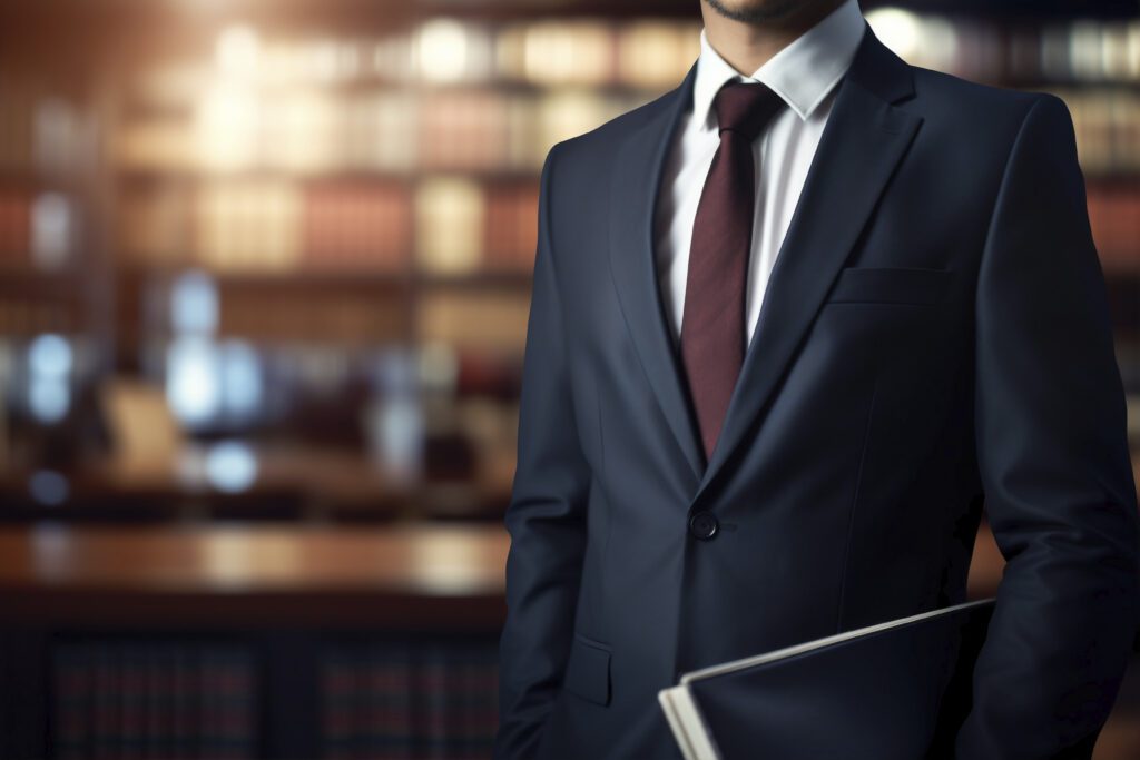 A lawyer in a suit and tie stands confidently in front of a large library building.