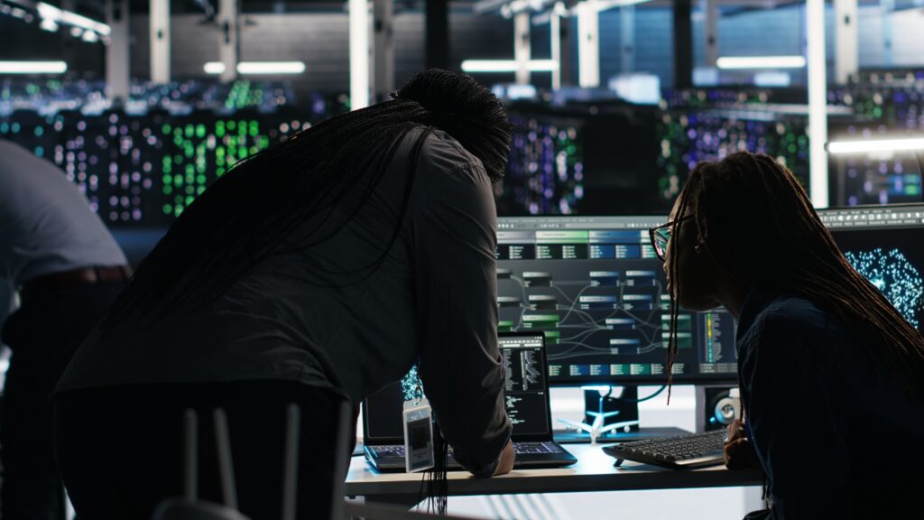 data center teamworking colleagues use node tree program