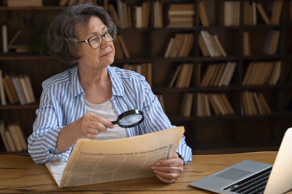 medium shot old woman library