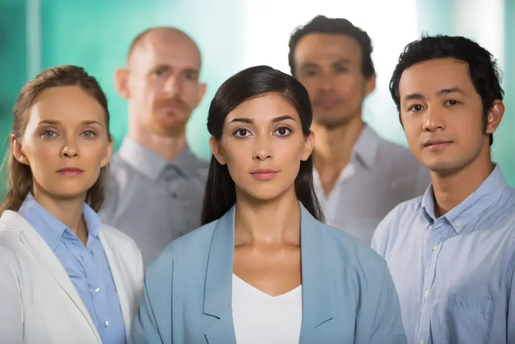 Un grupo diverso de cinco profesionales y trabajadores en California mirando seriamente hacia el frente, representando la defensa de los derechos laborales, el salario mínimo y la lucha contra la discriminación en el trabajo.