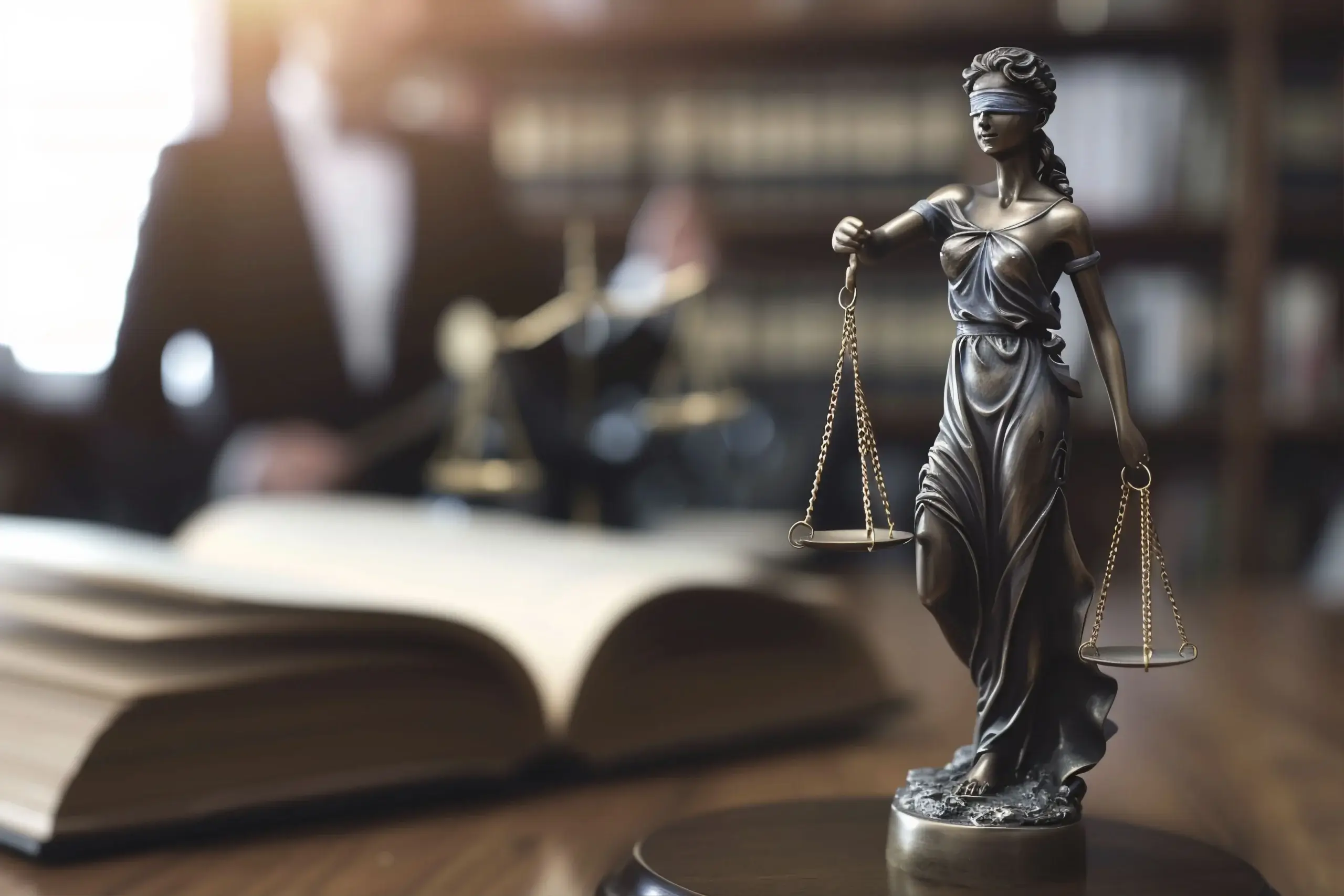 Lady Justice statue in a law office representing legal advocacy for employees facing workplace disputes in Seattle, Washington.
