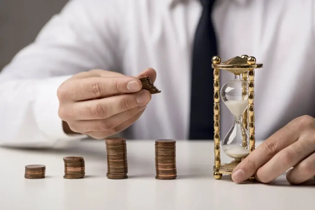 Businessman holding coins beside stacks of coins and an hourglass, symbolizing unpaid overtime wages and time-based compensation.