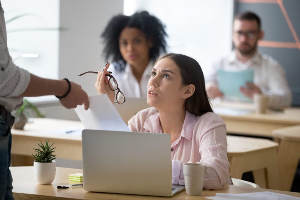 frustrated employee disagreeing receiving dismissal notice getting fired from job